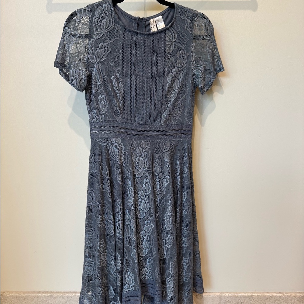 H&M Elegant Lace Short Sleeve Dress in Steel Blue